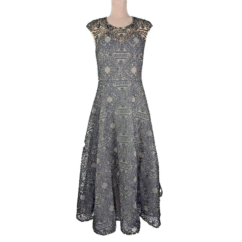 BHLDN Anthropologie Sara Emanuel Black Nude Presley Midi Dress Size 8 Embroidery
